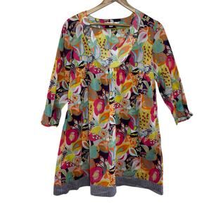 Boden 100% Cotton Pool Party Tunic Dress Floral Print Pinstripe Hem Size US 14